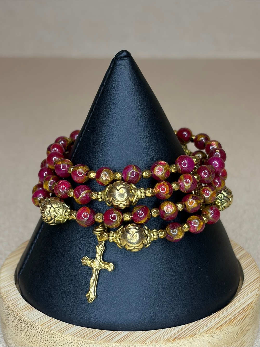 Cranberry & Gold Rosary Wrap Bracelet